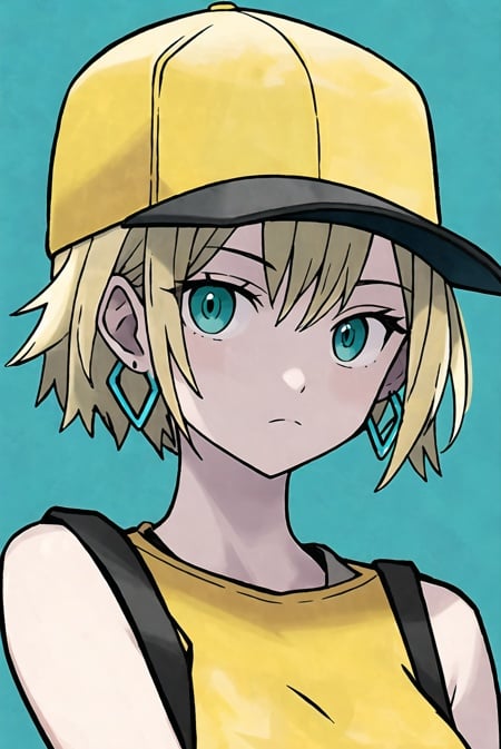 sugimori style, masterpiece, best quality, 1girl, aqua eyes, baseball cap, blonde hair, closed mouth, earrings, green background, hat, hoop earrings, jewelry, looking at viewer, shirt, short hair, simple background, solo, upper body, yellow shirt <lora:pokemon_v3_offset:1>