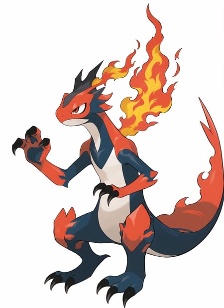 sugimori ken \(style\), fire pokemon, lizard, full body, no humans, claws, white background, red body,  ((masterpiece)) <lora:pokemon_v3_offset:1>