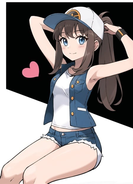 sugimori ken \(style\), 1girl, armpits, arms up, baseball cap, black background, blue eyes, blue shorts, blush, border, brown hair, closed mouth, denim, denim shorts, eyelashes, hat, heart, high ponytail, long hair, open clothes, outline, ponytail, shirt, short shorts, shorts, sidelocks, sitting, sleeveless, sleeveless shirt, solo, vest, white border, white headwear, white shirt, wristband,  ((masterpiece)) <lora:pokemon_v3_offset:1>