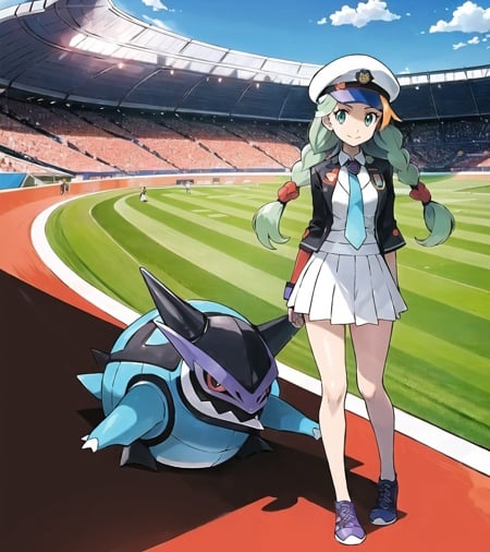 sugimori ken \(style\), 1girl, breasts, green eyes, mint green hair, twin_braids, white shirt, flower necktie, white beret, skirt, dynamax band, game freak, gloria \(pokemon\), highres, legs, looking at viewer, official art, pokemon, light smile, stadium background, (blastoise:1.2), (gengar:1.2), (pokemon \(creature\) :1.2), ((masterpiece)) <lora:pokemon_v3_offset:1>