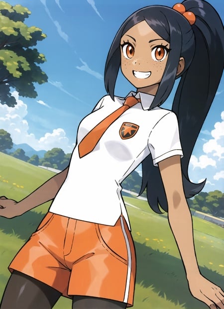 sugimori ken \(style\), 1girl, black hair, breasts, dark-skinned female, dark skin, freckles, grin, long hair, naranja academy school uniform, necktie, nemona \(pokemon\), orange eyes, orange necktie, orange shorts, black pantyhose, shorts, ponytail, white shirt, shirt, outdoors, grass, trees, small breasts, smile, solo, nintendo, official art,  ((masterpiece)) <lora:pokemon_v3_offset:1> 