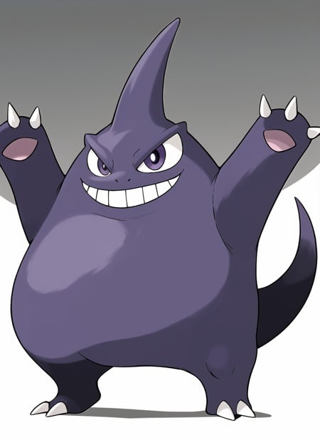 sugimori ken \(style\), ghost  and ground pokemon \(creature\), full body, gengar, marowak, solo, grin, half-closed eye, happy, highres, no humans, other focus, pokemon, purple eyes, simple background, smile, solo, standing, teeth, uneven eyes, white background , ((masterpiece)) <lora:pokemon_v3_offset:1>