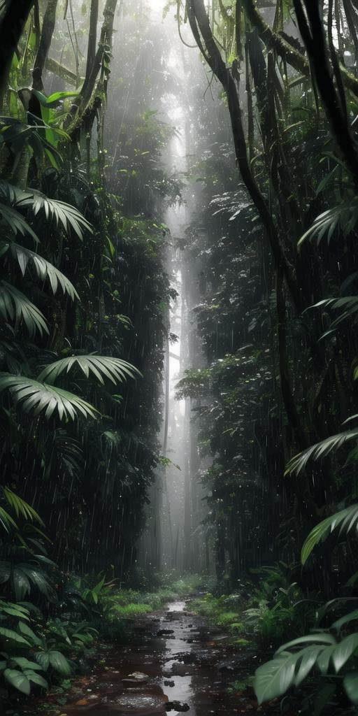 A jungle, with intense rainfall, monochromatic, vines all around, giant and wet trees, masterpiece, best quality, high quality, extremely detailed CG unity 8k wallpaper, oil paiting, award winning photography, Bokeh, Depth of Field, HDR, bloom, Chromatic Aberration ,Photorealistic,extremely detailed, trending on artstation, trending on CGsociety, Intricate, High Detail, dramatic, art by midjourney, volumetric lighting