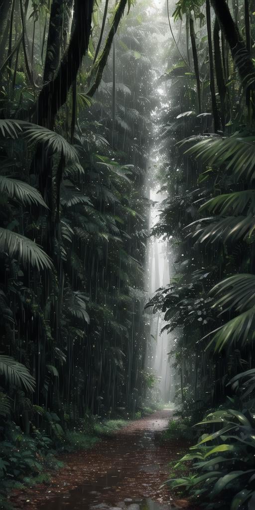 A jungle, with intense rainfall, monochromatic, vines all around, giant and wet trees, masterpiece, best quality, high quality, extremely detailed CG unity 8k wallpaper, oil paiting, award winning photography, Bokeh, Depth of Field, HDR, bloom, Chromatic Aberration ,Photorealistic,extremely detailed, trending on artstation, trending on CGsociety, Intricate, High Detail, dramatic, art by midjourney, volumetric lighting