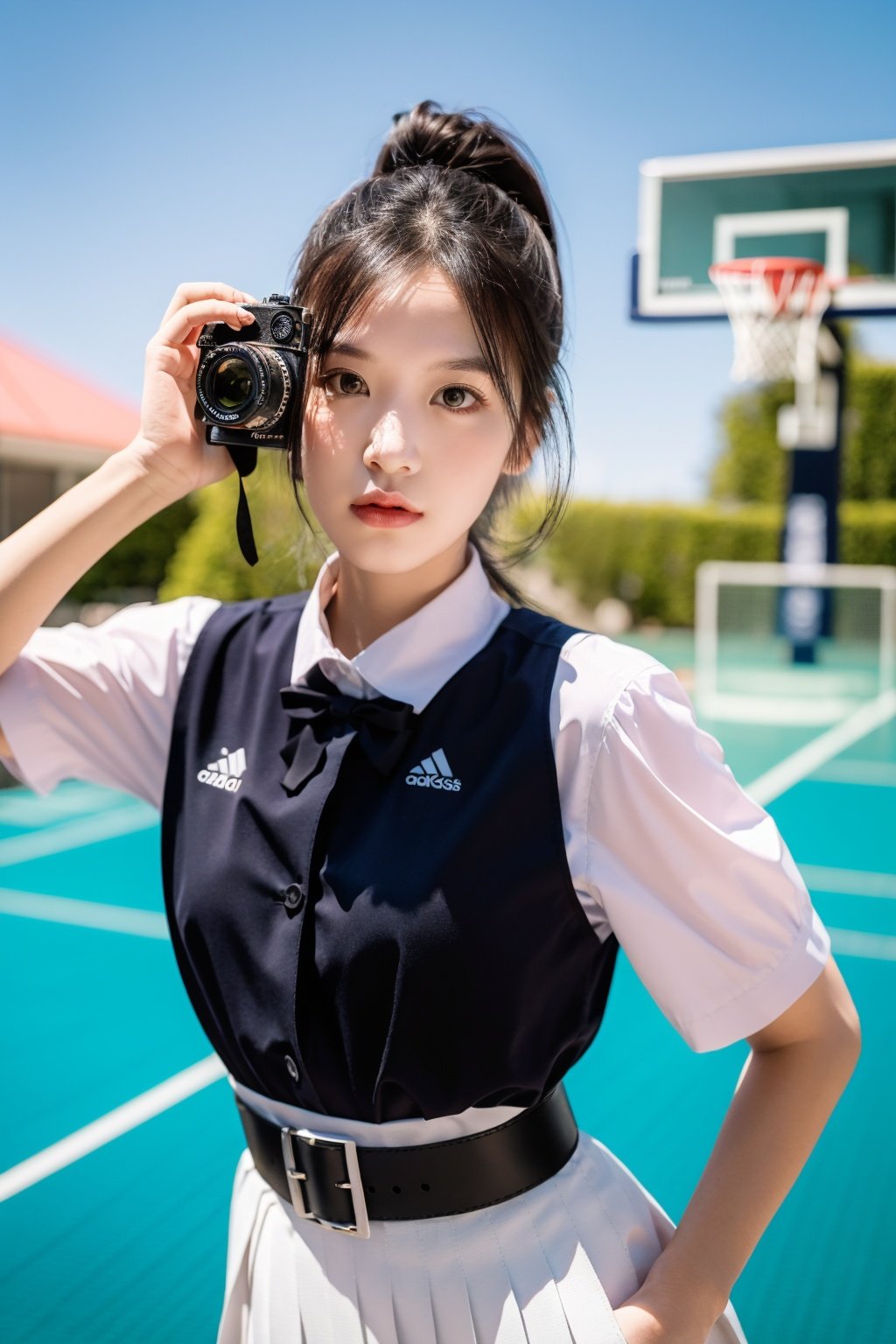 //Photo of,
1girl, solo,cute,pretty 
//Camera style,
centered shot, from front, face and waist,  look at camera, Holding basketball,
long ponytails hair , blue bow,
//Body,
symmetrical body, (small breasts:1.6), flat chest, (perfect anatomy:1.2),
//Fashion,
white shirt collar ( pleated 4 buttons ), (black short pleated skirt:1.2), belt, black girl student shoes ,
// Basketball court backgrouds , sunshine
//Best Quality,
High quality, masterpiece, realistic, photorealistic, ultra high res, highly detailed skin, 