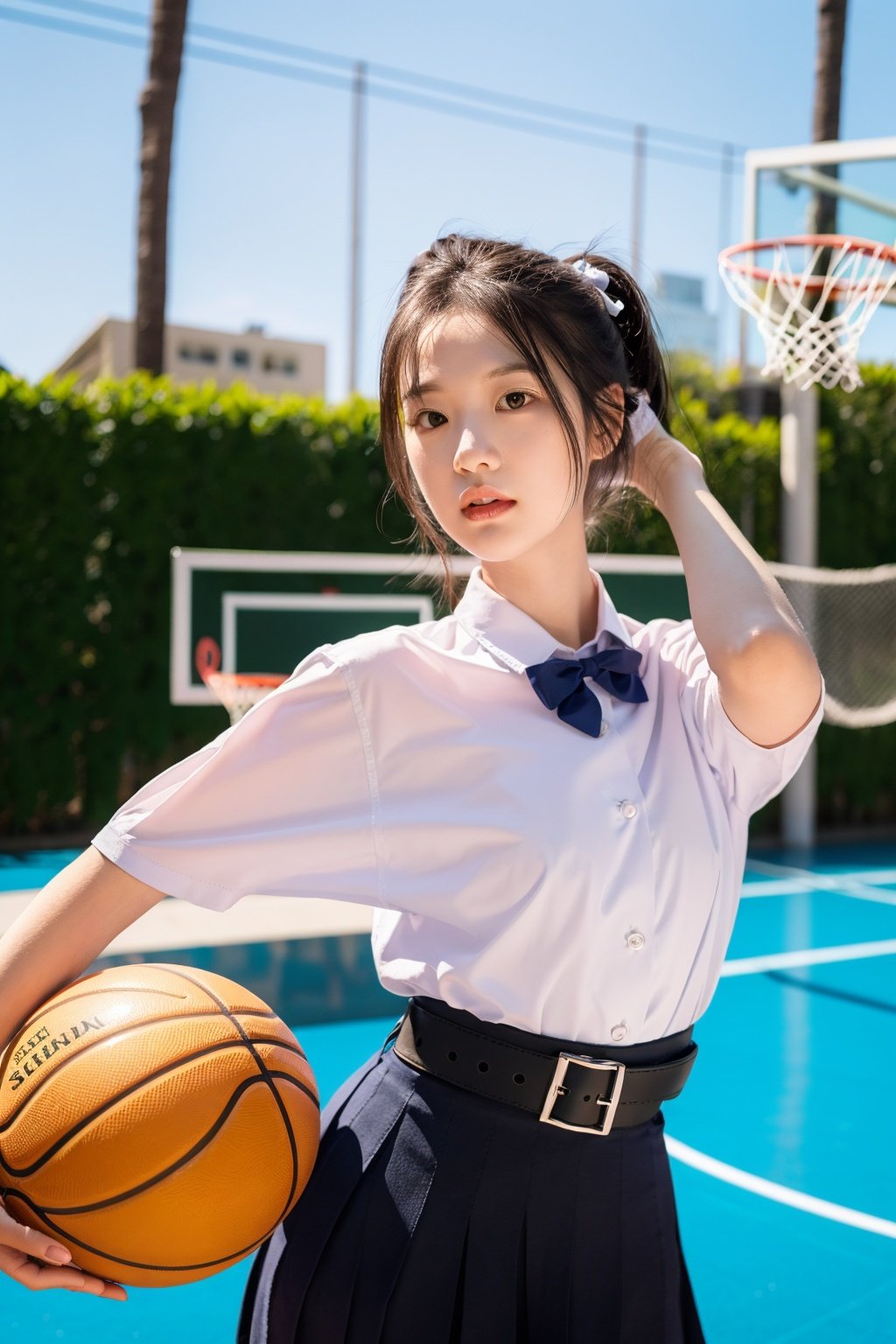 //Photo of,
1girl, solo,cute,pretty 
//Camera style,
centered shot, from front, face and waist,  look at camera, Holding basketball,
long ponytails hair , blue bow,
//Body,
symmetrical body, (small breasts:1.6), flat chest, (perfect anatomy:1.2),
//Fashion,
white shirt collar ( pleated 4 buttons ), (black short pleated skirt:1.2), belt, black girl student shoes ,
// Basketball court backgrouds , sunshine
//Best Quality,
High quality, masterpiece, realistic, photorealistic, ultra high res, highly detailed skin, 