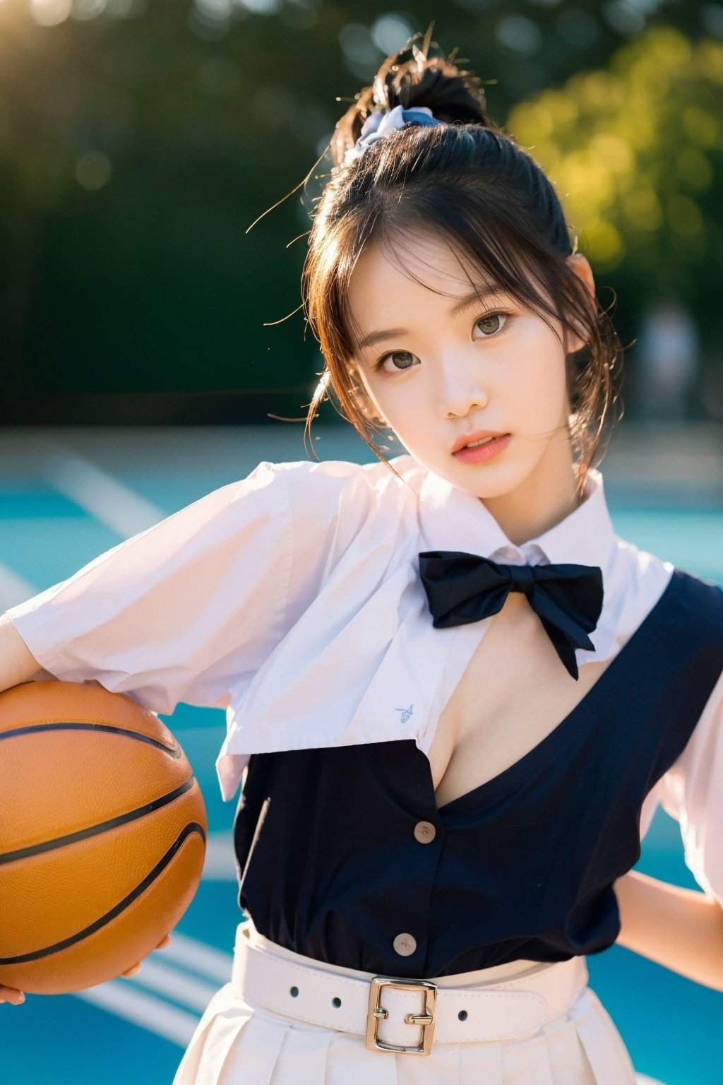 //Photo of,
1girl, solo,cute,pretty 
//Camera style,
centered shot, from front, face and waist,  look at camera, Holding bottle on hands,
long ponytails hair , blue bow on ponytail hair ,
//Body,
symmetrical body, (small breasts:1.6), flat chest, (perfect anatomy:1.2),
//Fashion,
white shirt collar ( pleated 4 buttons ), (black short pleated skirt:1.2), belt, black girl student shoes ,
// Basketball court backgrouds , sunshine
//Best Quality,
High quality, masterpiece, realistic, photorealistic, ultra high res, highly detailed skin, 