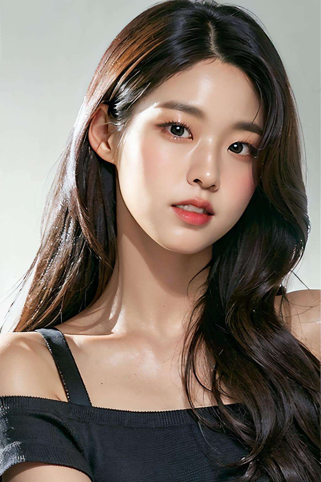 Best quality, masterpiece, ultra high res, (photorealistic:1.4), raw photo,1girl, solo, realistic, lips, black hair, looking at viewer, black eyes, teeth, long hair, hair over one eye, parted lips, nose, close-up, brown hair, simple background, brown eyes, black dress, off shoulder