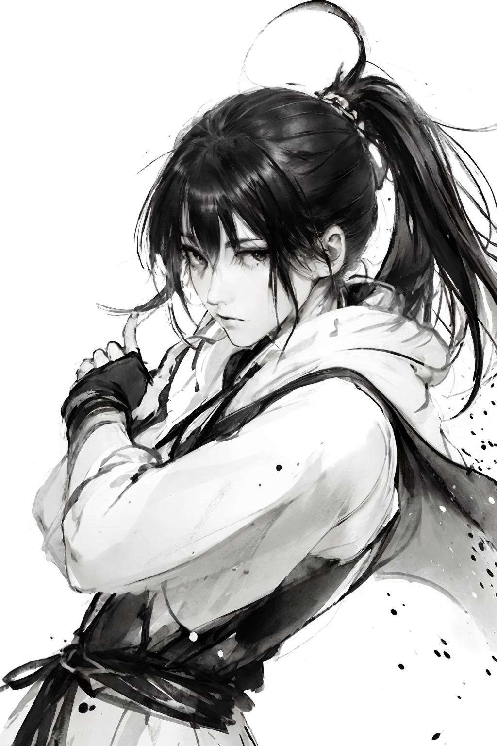 masterpiece, best quality,1girl,standing, black hair bun,cold face, upper body, (front),ink splash,martial arts, 