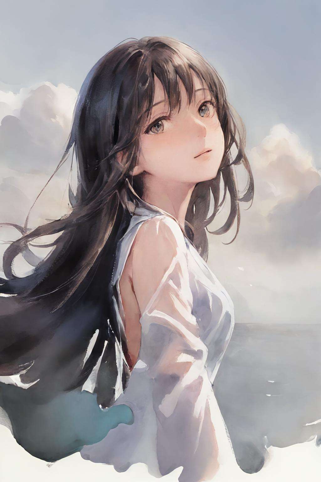 (masterpiece, realistic:1.4), (extremely intricate:1.2)>, close shot , portrait,(upper body:1.2), (from front:1.3), 191971 dress, backless dress, (long dress:1.2), very long hair, breasts, bare shoulders, sky, ocean, water, looking at viewer, italian, head tilt, wind, cloud, sunlight, outdoor, 1girl, solo, BREAK, cinematic light, ultra high res, 8k uhd, film grain, perfect anatomy, exquisitely detailed skin, best shadow, delicate, RAW,highres,  