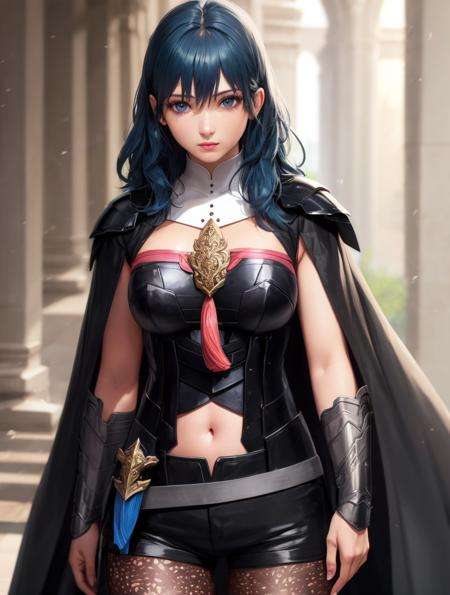 masterpiece, realistic, high quality, fembyleth, detached collar, black cape, black crop top, breastplate, tassel, belt, short shorts, gauntlets, patterned pantyhose, high heel boots  <lora:byleth-nvwls-ver5-000014:0.9>