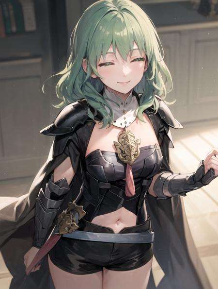 masterpiece, best quality, fembyleth, light green hair, green eyes, detached collar, black cape, black crop top, breastplate, tassel, belt, short shorts, gauntlets, portrait, smiling, closed eyes <lora:byleth-nvwls-ver5-000014:0.9>