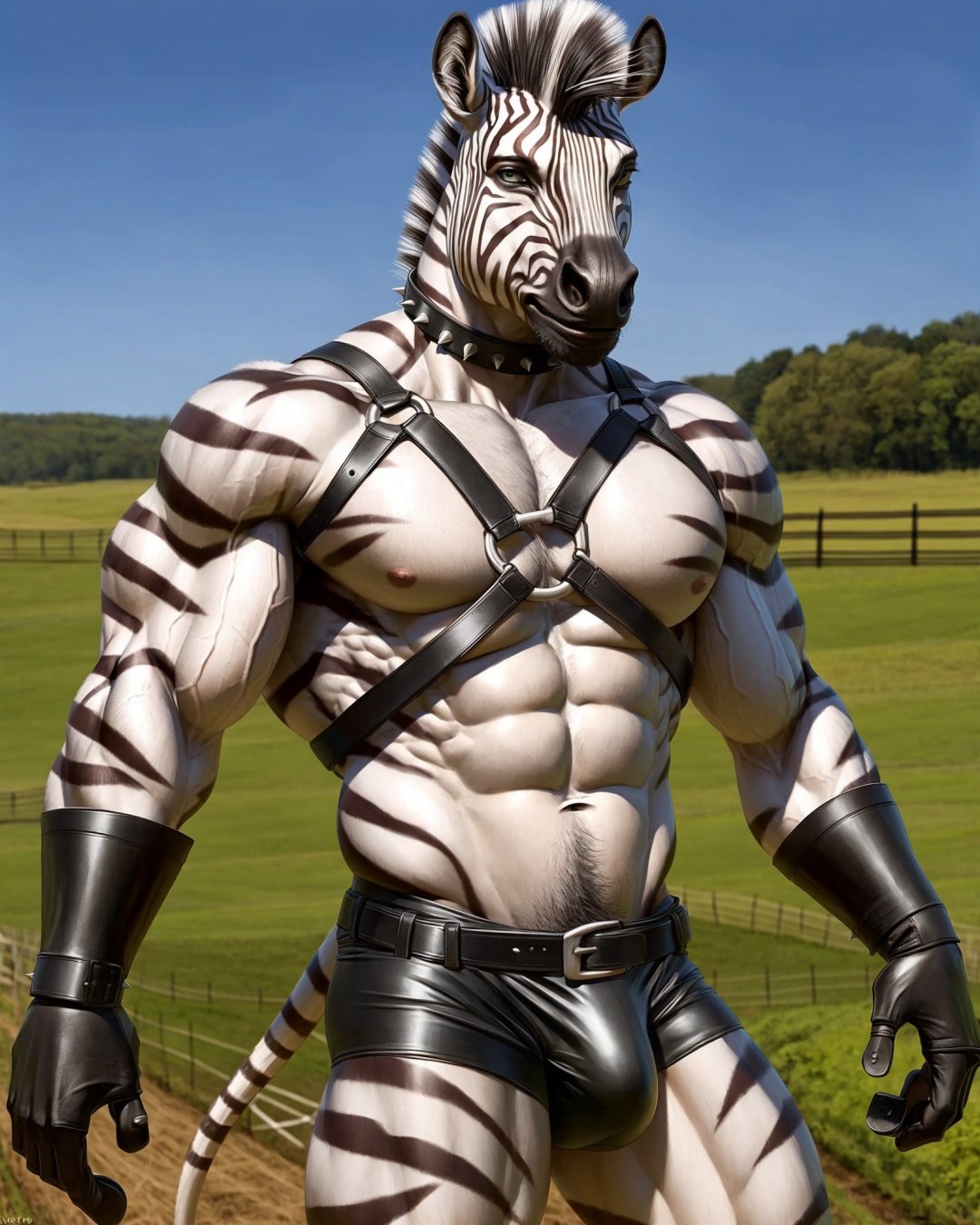 anthro, zebra, male, adult, muscular, veiny muscles, harness, leather undies, spiked collar, realistic fur, detailed background, farm background, realistic, photorealistic, ultra realistic, 8k,