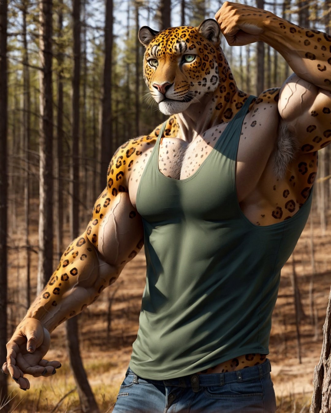 anthro, jaguar, male, adult, muscular, veiny muscles, flexing, tank top, jeans, realistic fur, detailed background, wilderness background, realistic, photorealistic, ultra realistic, 8k,