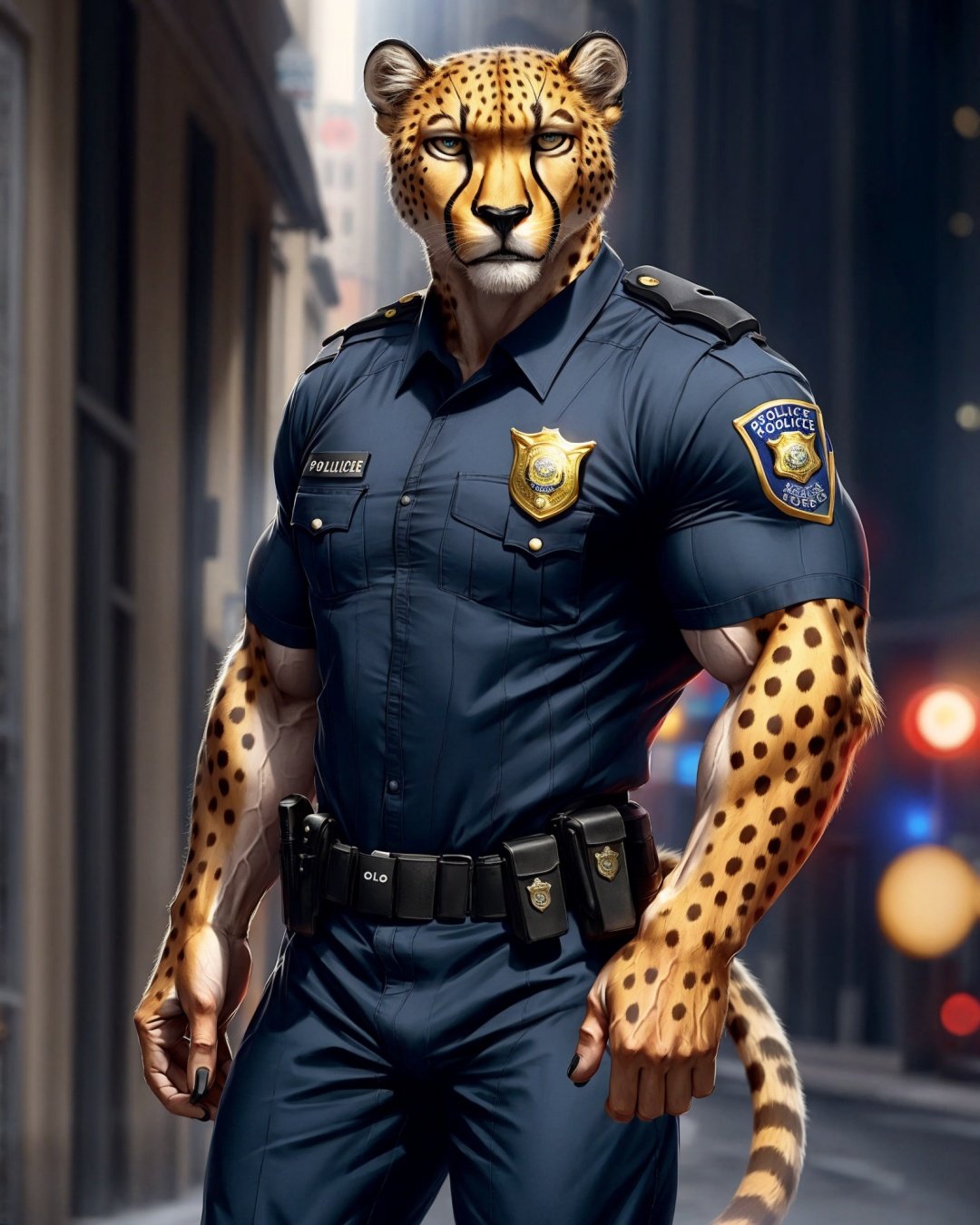 anthro, cheetah, male, adult, muscular, veiny muscles, police uniform, realistic fur, detailed background, street background, realistic, photorealistic, ultra realistic, 8k,