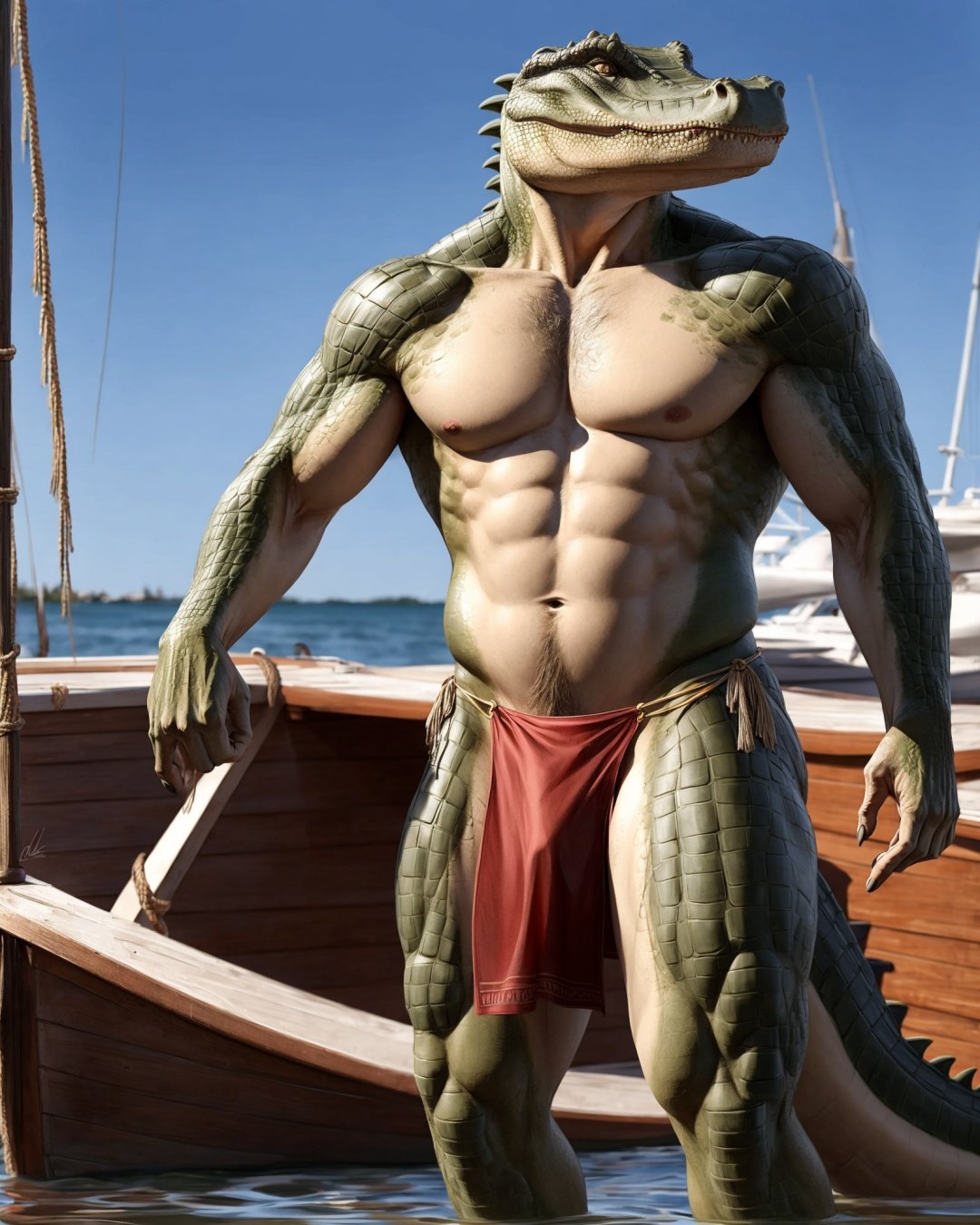 anthro, crocodile, male, adult, fit, loincloth, markings, realistic fur, detailed background, boat background, realistic, photorealistic, ultra realistic, 8k,