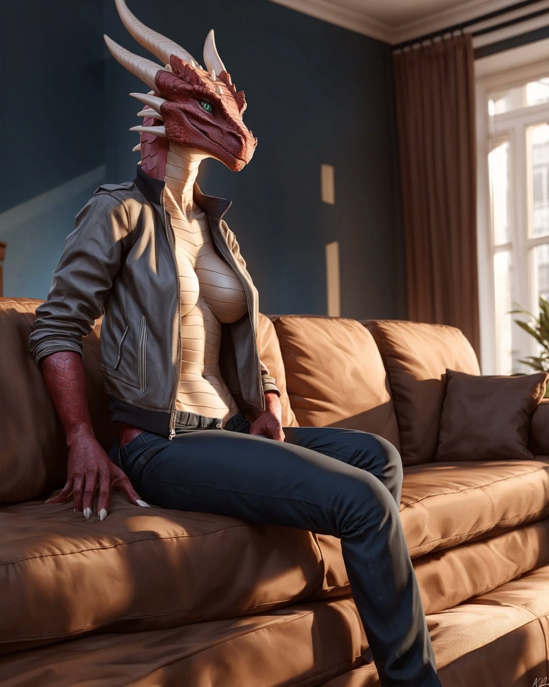 anthro, dragon, solo, female, adult, sitting, (open jacket, pants:1.2), realistic scales, detailed background, living room background, realistic, photorealistic, ultra realistic, 8k,