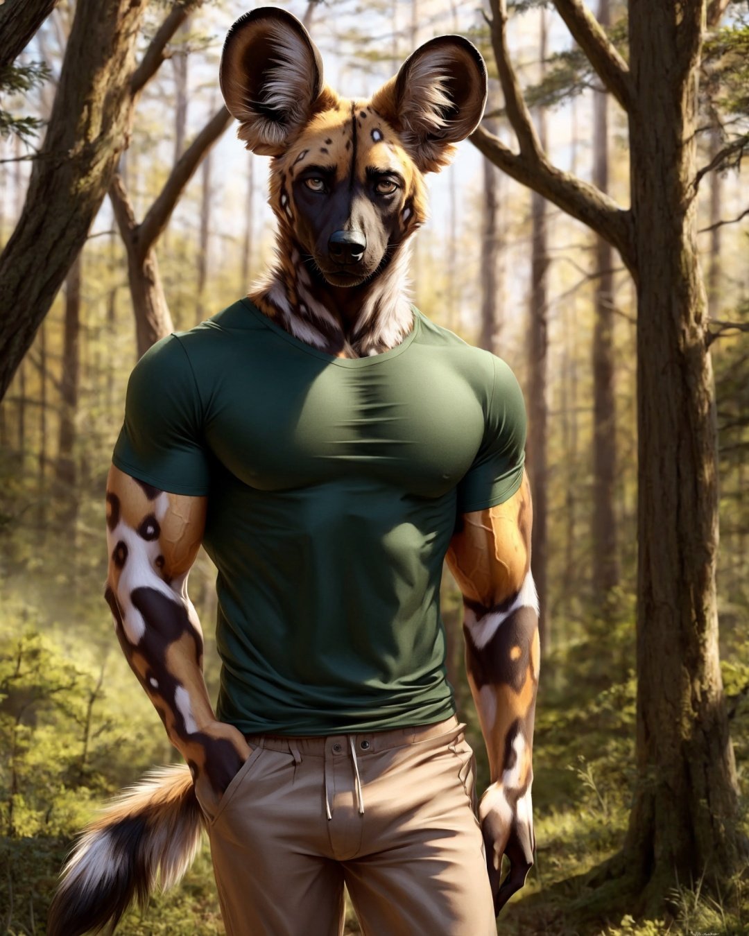 anthro, african wild dog, male, adult, veiny muscles, muscular, pants, t-shirt, realistic fur, detailed background, wilderness background, realistic, photorealistic, ultra realistic, 8k,