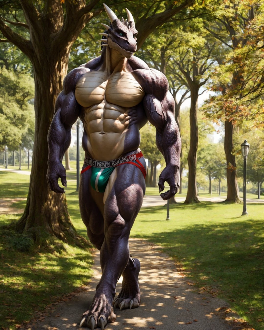 anthro, dragon, male, adult, muscular, veiny muscles, jockstrap, walking, realistic scales, detailed background, park background, realistic, photorealistic, ultra realistic, 8k,