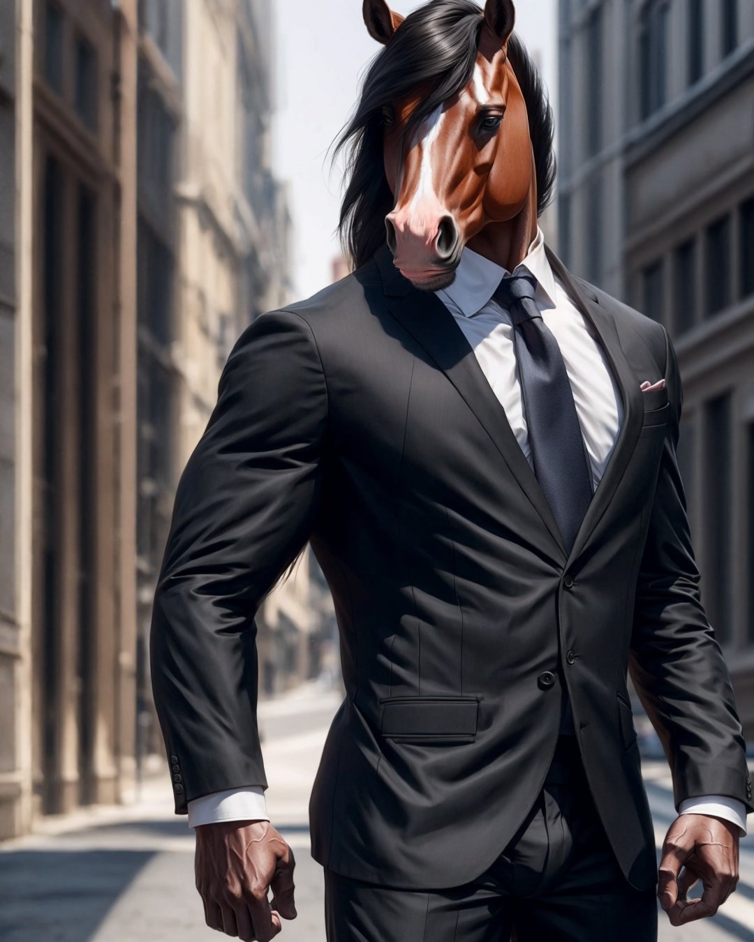 anthro, horse, male, adult, muscular, veiny muscles, suit, standing, realistic fur, detailed background, street background, realistic, photorealistic, ultra realistic, 8k,