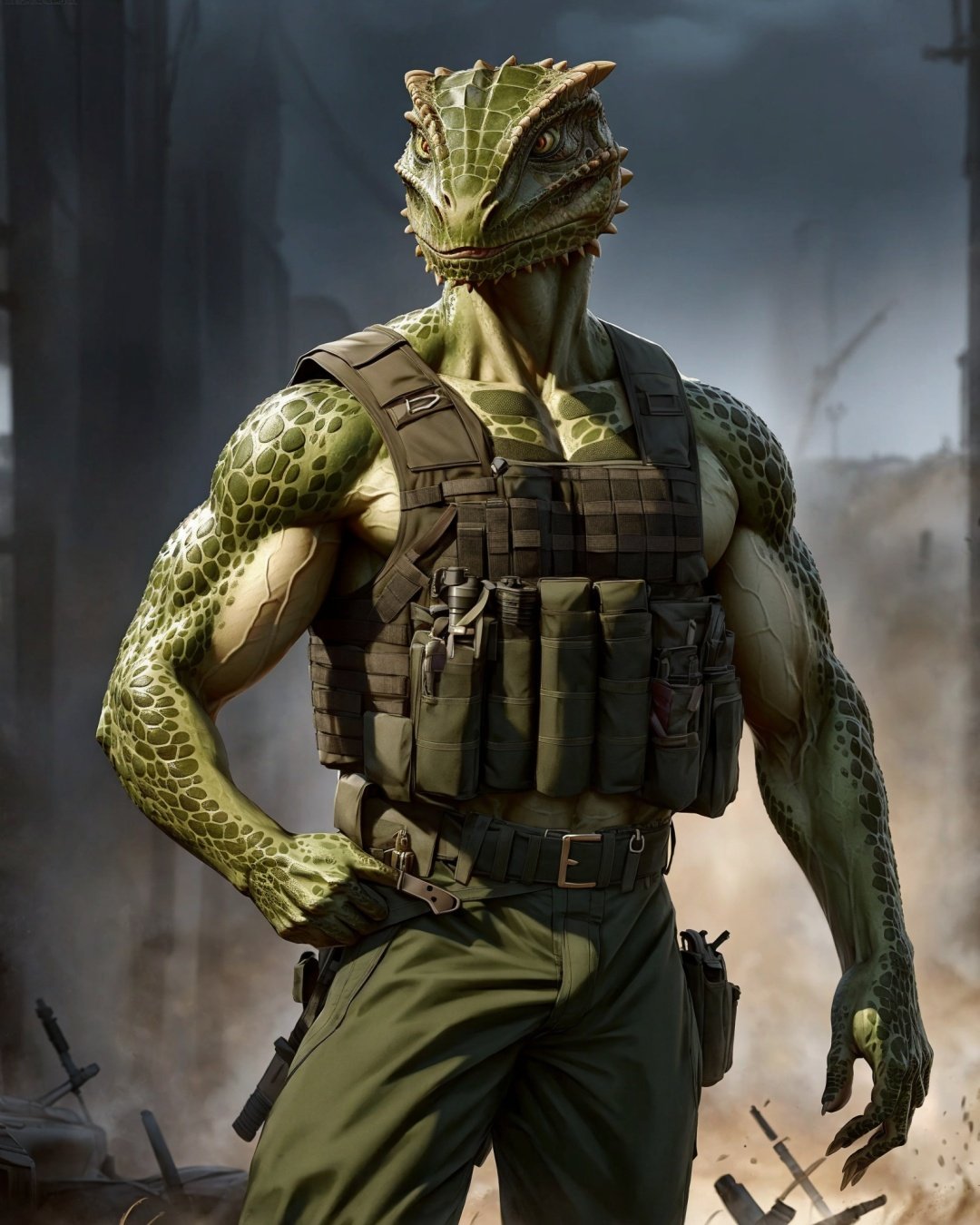 anthro, argonian, solo, male, adult, veiny muscles, muscular, bulletproof vest, military pants, realistic scales, detailed background, battlefield background, realistic, photorealistic, ultra realistic, 8k,