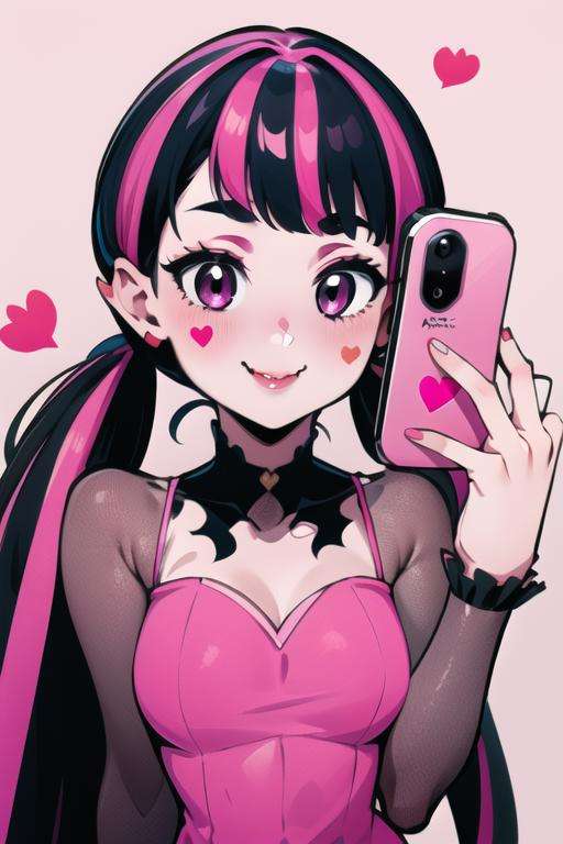 ((masterpiece,best quality)), absurdres,<lora:Draculaura_v3-10:0.9>, draculaura_mh, pink top, upper body, extremely detailed face, smile, blushing, selfie, holding phone, heart on right cheek, 