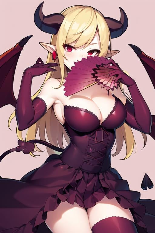 ((masterpiece,best quality)), absurdres,<lora:lilith_PAD_v1-10:0.8>, lilith_pad, horns, demon girl, gloves, cleavage, jewelry, earrings, red eyes, demon horns, dress, demon wings, tail, elbow gloves, demon tail, ruffled skirt, hand fan, smug