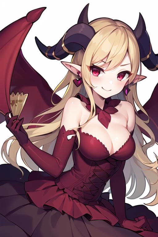 ((masterpiece,best quality)), absurdres,<lora:lilith_PAD_v1-10:0.8>, lilith_pad, demon girl, gloves, cleavage, jewelry, earrings, red eyes, demon horns, dress, demon wings, tail, elbow gloves, ruffled skirt, hand fan,smug
