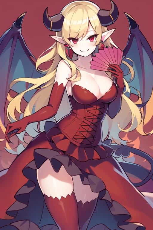 ((masterpiece,best quality)), absurdres,<lora:lilith_PAD_v1-10:0.8>, lilith_pad, horns, demon girl, gloves, cleavage, jewelry, earrings, red eyes, demon horns, dress, demon wings, tail, elbow gloves, demon tail, ruffled skirt, hand fan, smug