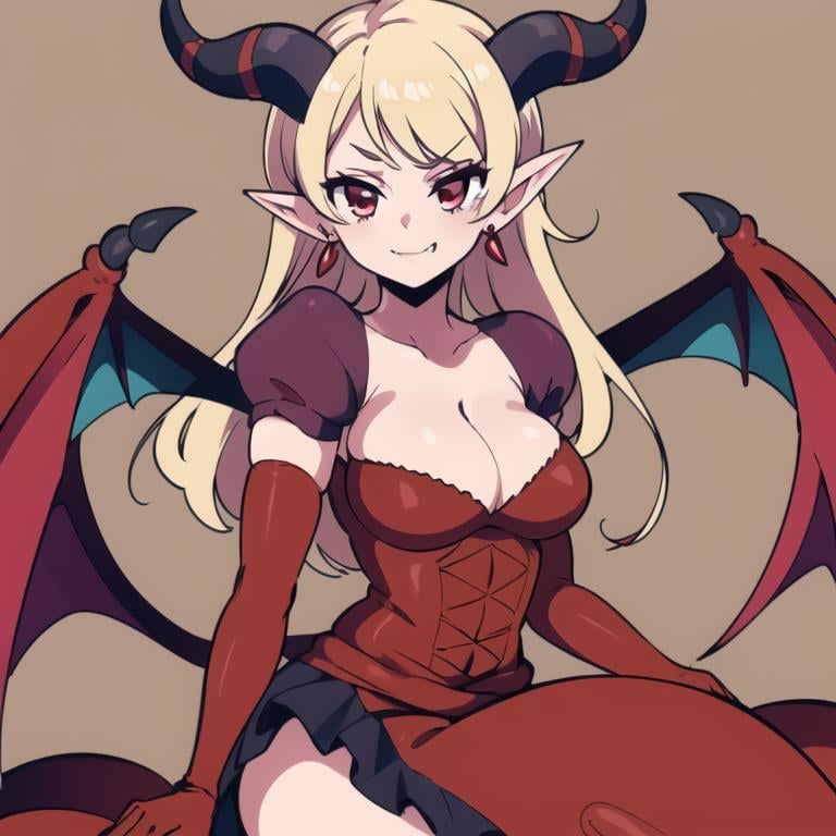 ((masterpiece,best quality)), absurdres,<lora:lilith_PAD_v1-10:0.9>, lilith_pad, gloves, cleavage, jewelry, earrings, red eyes, black demon horns, demon wings, elbow gloves, red dress, ruffled skirt, smug
