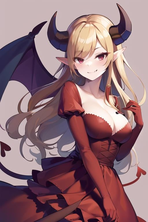 ((masterpiece,best quality)), absurdres,<lora:lilith_PAD_v1-10:0.8>, lilith_pad, black horns, demon wings, red dress,  ruffled skirt, hand fan, smug
