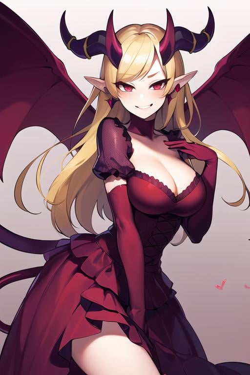 ((masterpiece,best quality)), absurdres,<lora:lilith_PAD_v1-10:0.8>, lilith_pad, gloves, cleavage, jewelry, earrings, red eyes, demon horns, demon wings, tail, elbow gloves, dress, ruffled skirt, smug