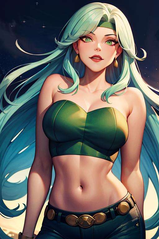 (masterpiece,best quality)), absurdres,<lora:fire_DC_v1-10:0.8>, fire_DC, long green hair, crop top, pants, upper body,