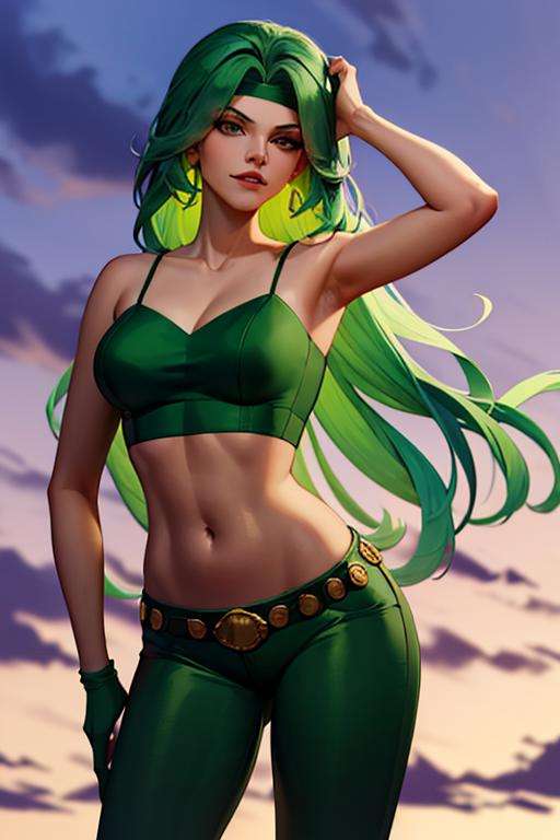 (masterpiece,best quality)), absurdres,<lora:fire_DC_v1-10:0.8>, fire_DC, long green hair, crop top, pants, cowboy shot,