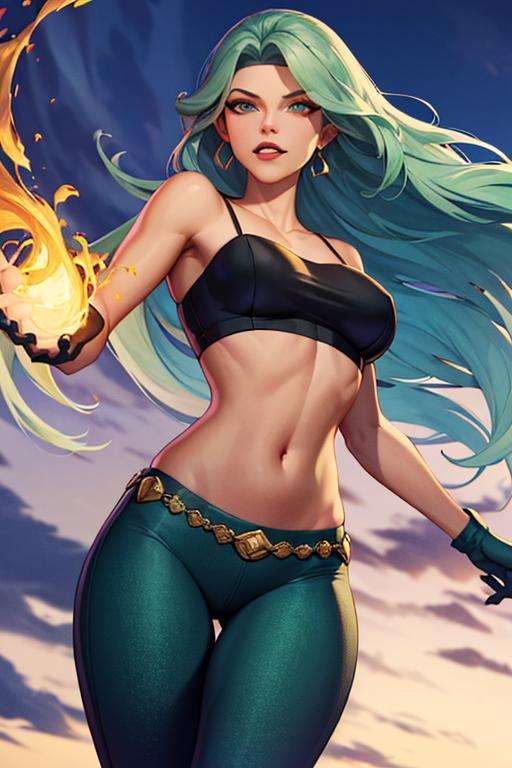 (masterpiece,best quality)), absurdres,<lora:fire_DC_v1-10:0.8>, fire_DC, long green hair, crop top, pants, detailed eyes and thighs ,