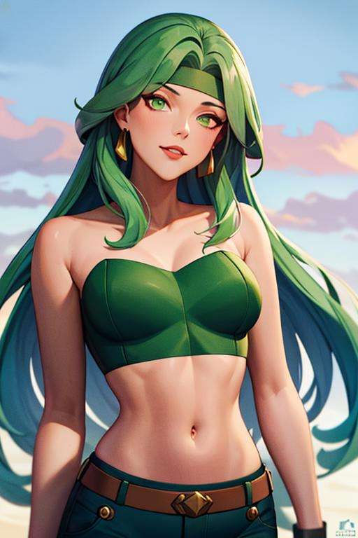 (masterpiece,best quality)), absurdres,<lora:fire_DC_v1-10:0.8>, fire_DC, long green hair, crop top, pants, upper body,