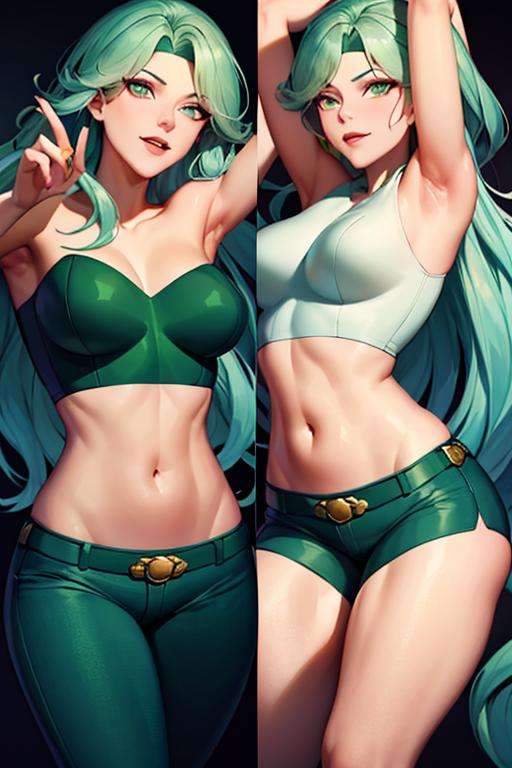 (masterpiece,best quality)), absurdres,<lora:fire_DC_v1-10:0.8>, fire_DC, long green hair, crop top, pants, detailed eyes and thighs ,