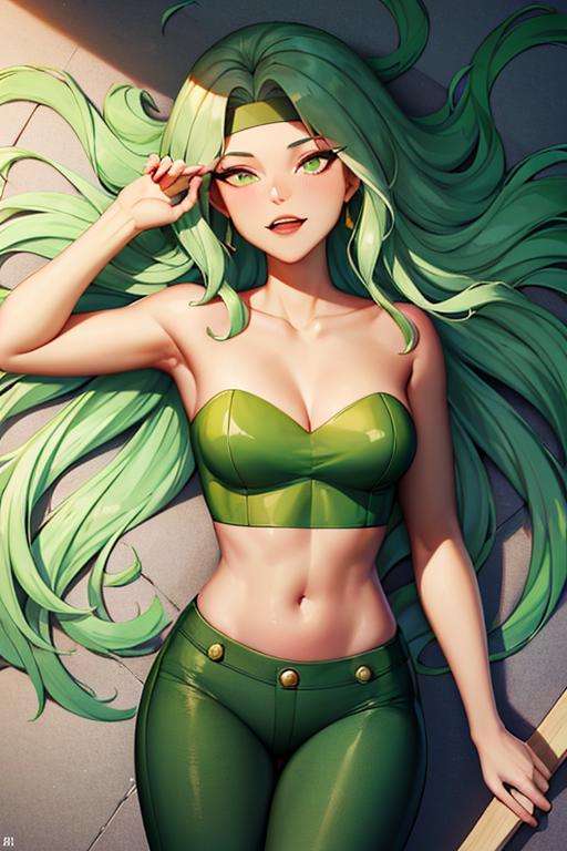 (masterpiece,best quality)), absurdres,<lora:fire_DC_v1-10:0.8>, fire_DC, long green hair, crop top, pants, from above,