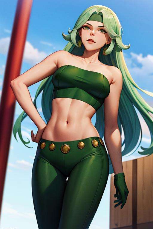 (masterpiece,best quality)), absurdres,<lora:fire_DC_v1-10:0.8>, fire_DC, long green hair, crop top, pants, from below ,