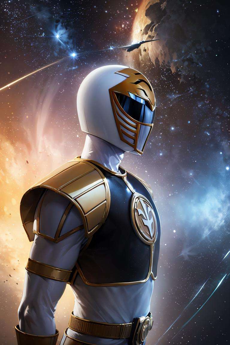 ((masterpiece,best quality)), absurdres,<lora:White_Ranger:0.7>, White_Ranger, solo, black breastplate, tokusatsu, detailed helmet and armor, side view, stars and space in background, cinematic composition, 