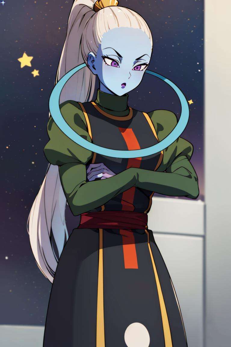 ((masterpiece,best quality)), absurdres, <lora:Vados_DB:0.8>, Vados_DB, solo, ponytail, blue skin,    stars and space in background, cinematic composition,