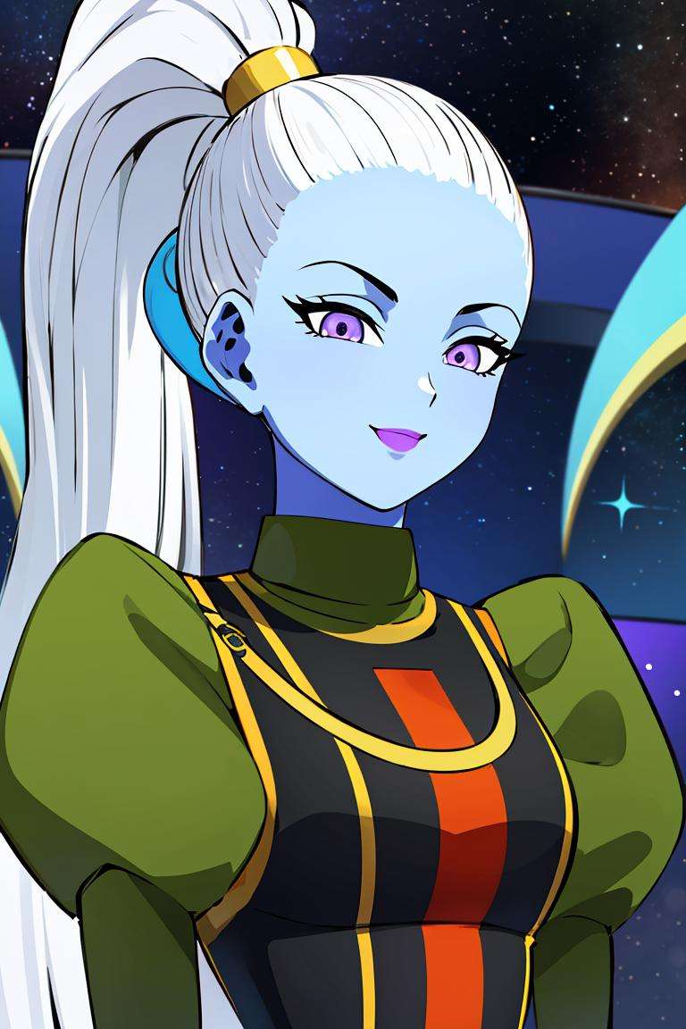 ((masterpiece,best quality)), absurdres,<lora:Vados_DB:0.8>, Vados_DB, solo, ponytail, blue skin, looking at viewer, smile,stars and space in background, cinematic composition,