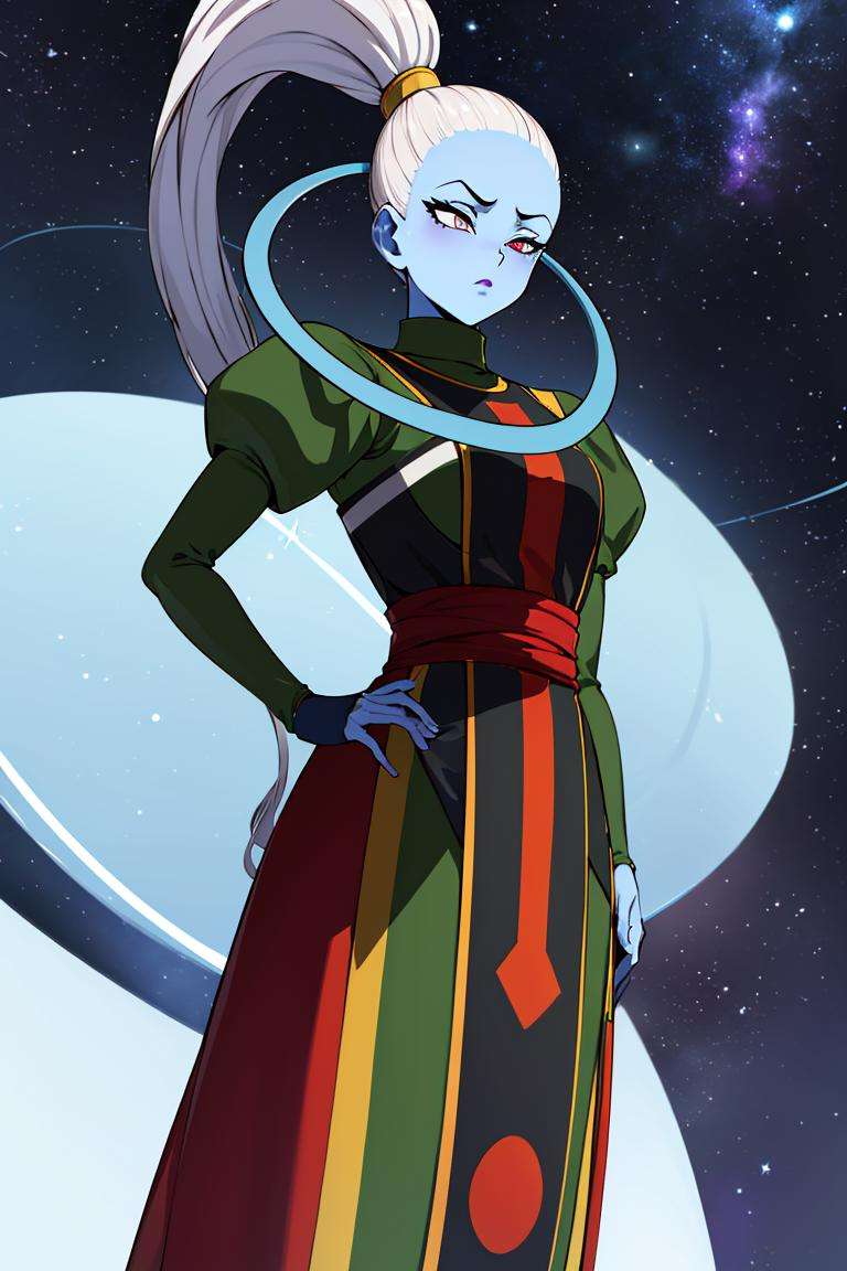 ((masterpiece,best quality)), absurdres, <lora:Vados_DB:0.8>, Vados_DB, solo, ponytail, blue skin,    stars and space in background, cinematic composition,