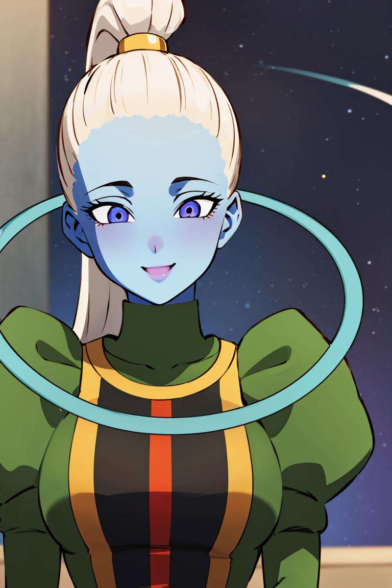 ((masterpiece,best quality)), absurdres,<lora:Vados_DB:0.8>, Vados_DB, solo, ponytail, blue skin, blushing, smiling, detailed eyes, upper body, space in background, cinematic composition,