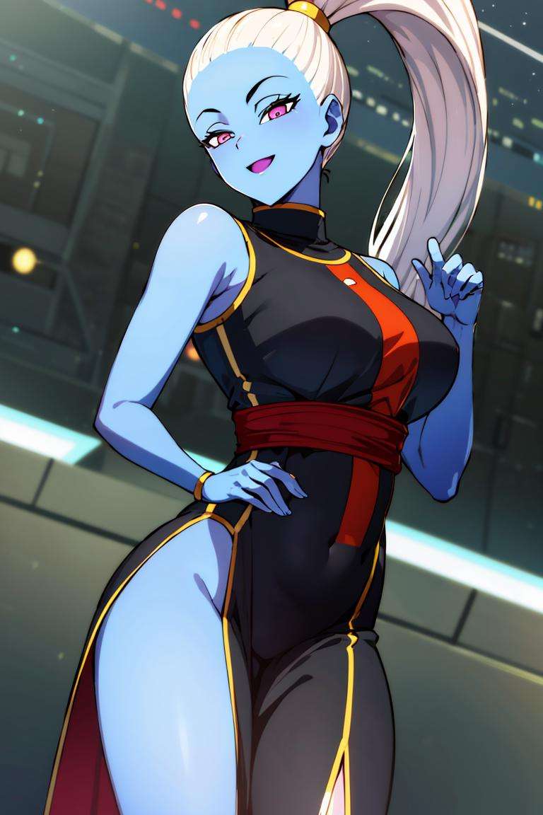 ((masterpiece,best quality)), absurdres,<lora:Vados_DB:0.8>, Vados_DB, solo, ponytail, blue skin, smiling, slit dress, exposed thigh, space in background, cinematic composition,