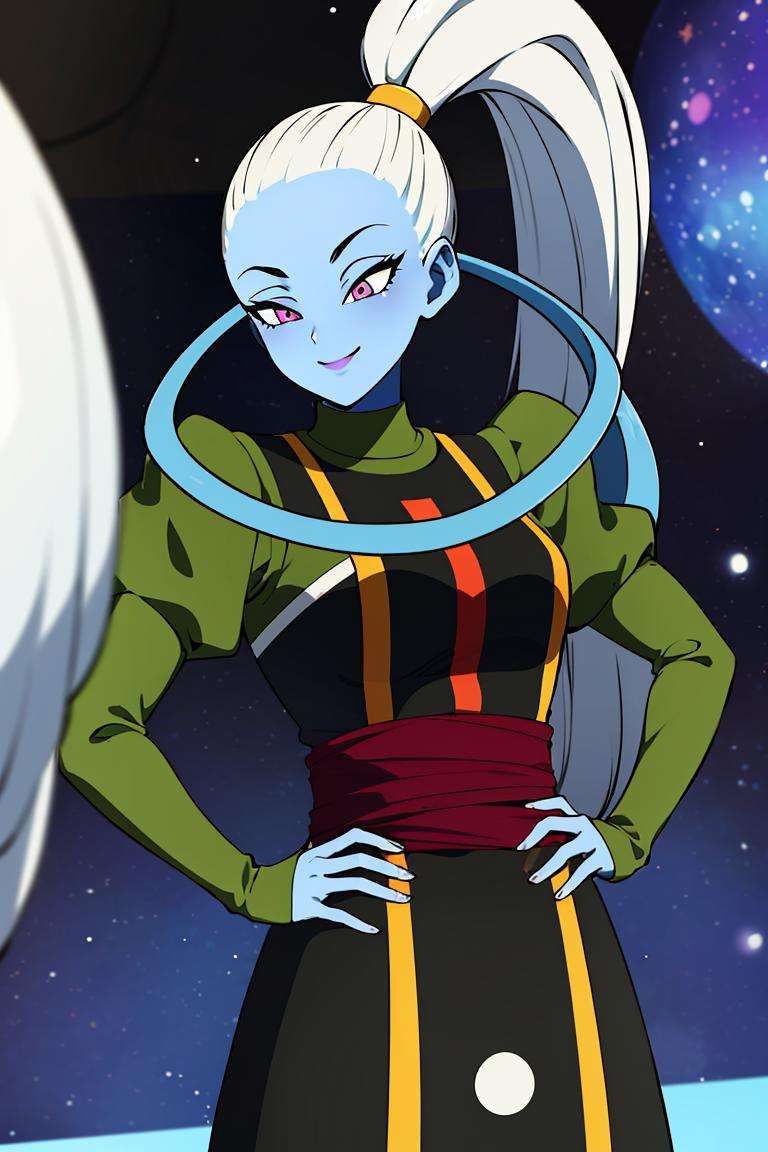 ((masterpiece,best quality)), absurdres,<lora:Vados_DB:0.8>, Vados_DB, solo, ponytail, blue skin, smile, hand on hip, stars and space in background, cinematic composition,