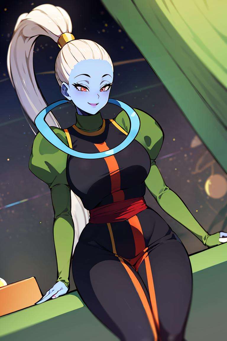 ((masterpiece,best quality)), absurdres,<lora:Vados_DB:0.8>, Vados_DB, solo, ponytail, blue skin, smiling, curvy, split dress, thigh, space in background, cinematic composition,