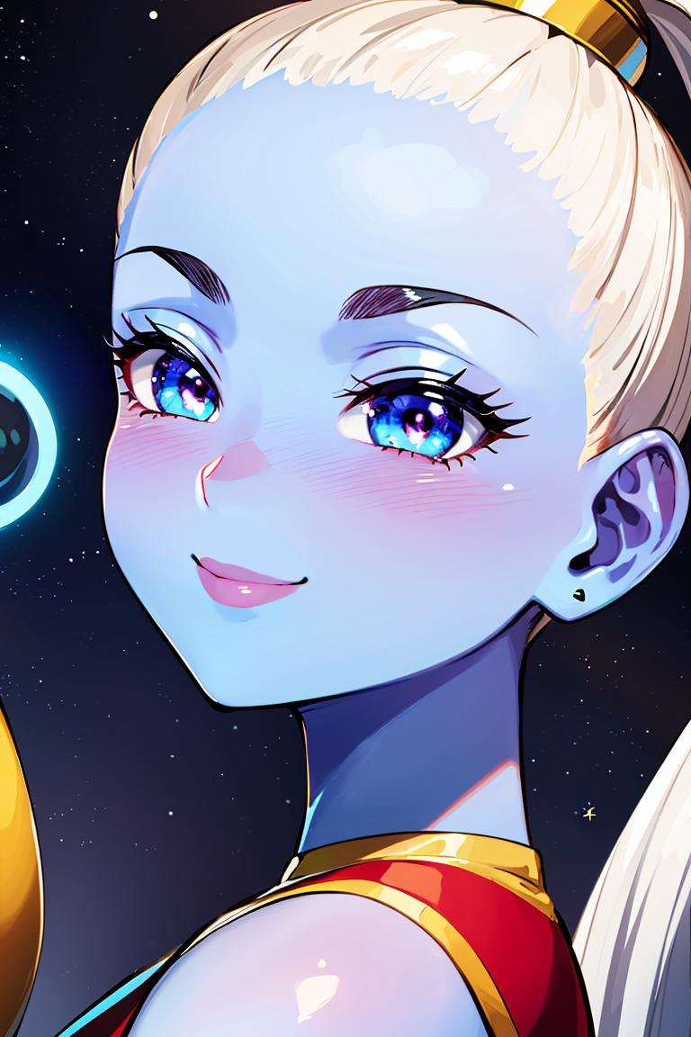 ((masterpiece,best quality)), absurdres,<lora:Vados_DB:0.6>, Vados_DB, solo, ponytail, blue skin, blushing, smiling, detailed eyes, up close,space in background, cinematic composition,