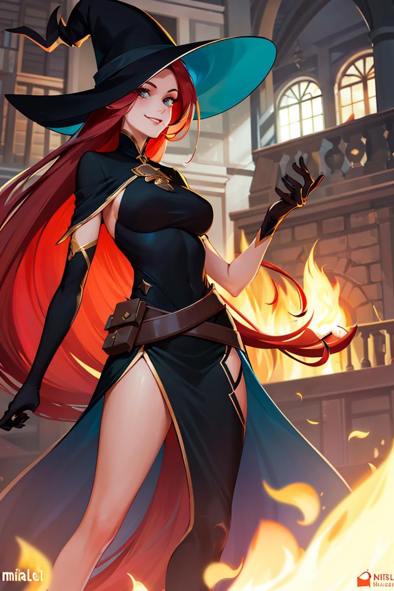 ((masterpiece,best quality)), absurdres, <lora:Mirael_AFK:0.7>, Mirael_AFK, long red hair, black glove, smiling,  library fire and magic in background, cinematic composition, dynamic pose,