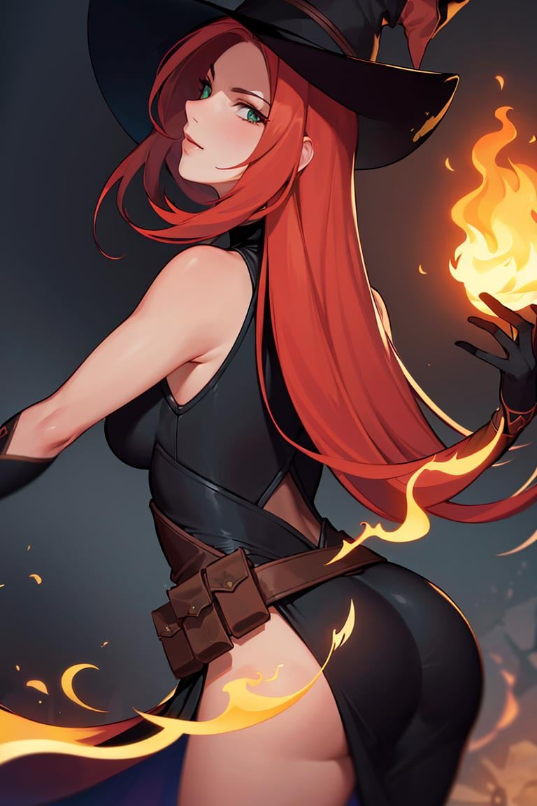 ((masterpiece,best quality)), absurdres, <lora:Mirael_AFK:0.7>, Mirael_AFK, long red hair, black glove,  fire and magic in background, cinematic composition, dynamic pose,